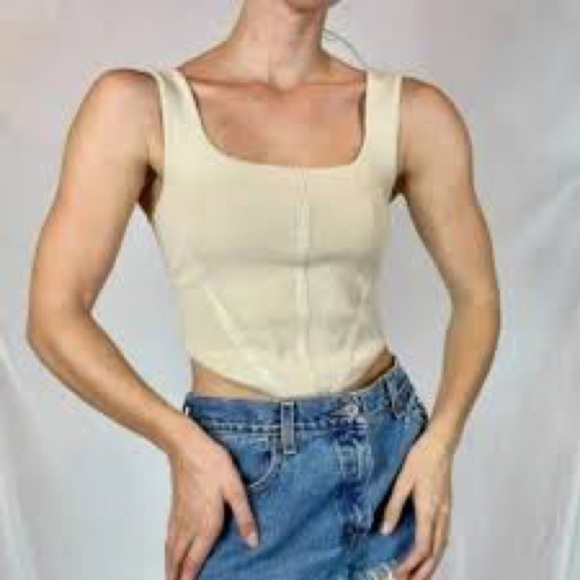 HOUSE OF HARLOW 1960 TAN CREAM CORSET KNIT CROP TOP SQUARE SCOOP NECK SIZE XS - Picture 2 of 6